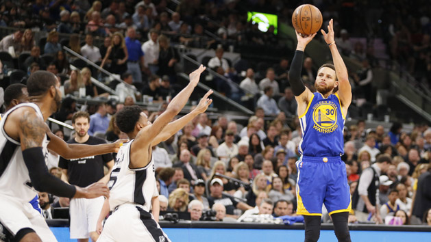 May 22, 2017; San Antonio, TX, USA; Golden State Warriors point guard Stephen Curry (30) shoots the ball over San Antonio Spurs point guard Dejounte Murray (5) during the second half in game four of the Western conference finals of the NBA Playoffs at AT&T Center. Photo Credit: Soobum Im-USA TODAY Sports