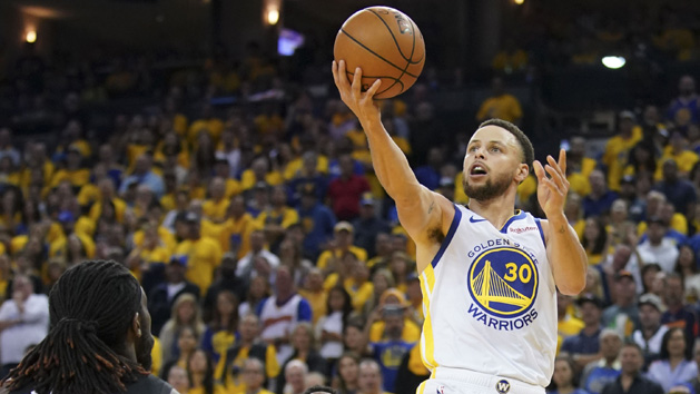 April 13, 2019; Oakland, CA, USA; Golden State Warriors guard Stephen Curry (30) shoots the basketball against LA Clippers forward Montrezl Harrell (5) during the fourth quarter in game one of the first round of the 2019 NBA Playoffs at Oracle Arena. Photo Credit: Kyle Terada-USA TODAY Sports