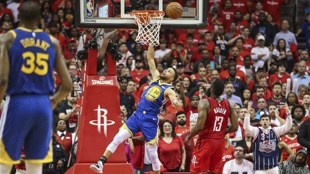 May 4, 2019; Houston, TX, USA; Golden State Warriors guard Stephen Curry (30) is unable to score during overtime against the Houston Rockets in game three of the second round of the 2019 NBA Playoffs at Toyota Center. Photo Credit: Troy Taormina-USA TODAY Sports