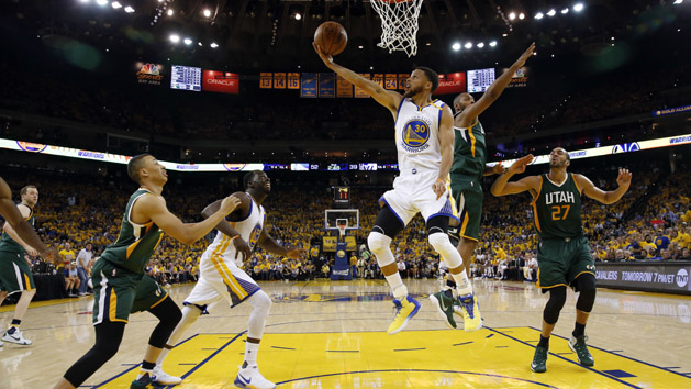 May 2, 2017; Oakland, CA, USA; Golden State Warriors guard Stephen Curry (30) scores against the Utah Jazz during the first half in game one of the second round of the 2017 NBA Playoffs at Oracle Arena. The Warriors defeated the Jazz 106-94. Mandatory Credit: Marcio Jose Sanchez-Pool Photo via USA TODAY Sports