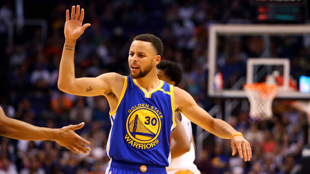 Apr 5, 2017; Phoenix, AZ, USA; Golden State Warriors guard Stephen Curry (30) celebrates a play against the Phoenix Suns in the second half at Talking Stick Resort Arena. The Warriors defeated the Suns 120-111. Photo Credit: Mark J. Rebilas-USA TODAY Sports