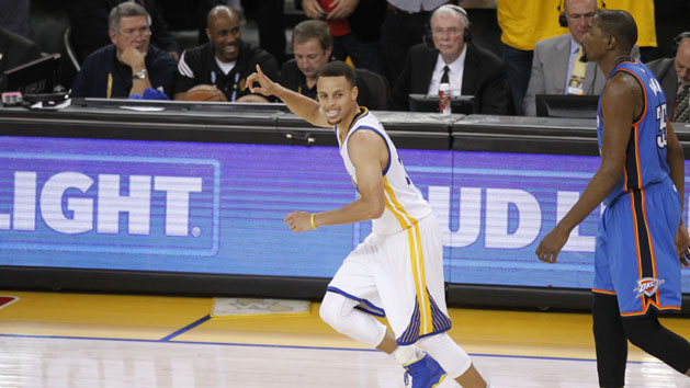 May 18, 2016; Oakland, CA, USA; Golden State Warriors guard Stephen Curry (30) reacts after making a three point basket against the Oklahoma City Thunder in the third quarter in game two of the Western conference finals of the NBA Playoffs at Oracle Arena. Photo Credit: Cary Edmondson-USA TODAY Sports