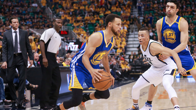 May 8, 2017; Salt Lake City, UT, USA; Golden State Warriors guard Stephen Curry (30) controls the ball against Utah Jazz guard Dante Exum (11) during the third quarter in game four of the second round of the 2017 NBA Playoffs at Vivint Smart Home Arena. Photo Credit: Chris Nicoll-USA TODAY Sports