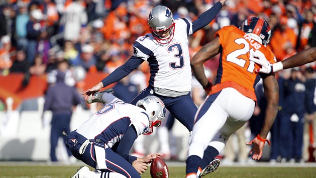 Jan 24, 2016; Denver, CO, USA; New England Patriots kicker Stephen Gostkowski (3) misses an extra point against the Denver Broncos in the first quarter in the AFC Championship football game at Sports Authority Field at Mile High. Mandatory Credit: Kevin Jairaj-USA TODAY Sports