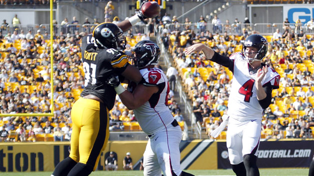 Aug 20, 2017; Pittsburgh, PA, USA; Pittsburgh Steelers defensive end Stephon Tuitt (91) blocks a pass attempt by Atlanta Falcons quarterback Matt Simms (4) during the second quarter at Heinz Field. The Steelers won 17-13. Photo Credit: Charles LeClaire-USA TODAY Sports