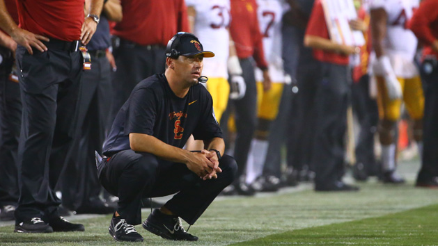 Sep 26, 2015; Tempe, AZ, USA; Southern California Trojans head coach Steve Sarkisian reacts against the Arizona State Sun Devils at Sun Devil Stadium. The Trojans defeated the Sun Devils 42-14. Mandatory Credit: Mark J. Rebilas-USA TODAY Sports