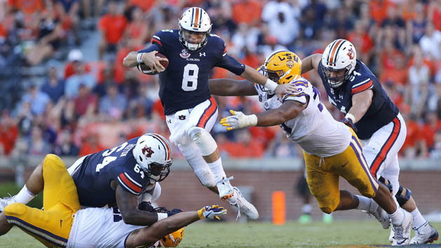 Sep 15, 2018; Auburn, AL, USA; Auburn Tigers quarterback Jarrett Stidham (8) carries during the third quarter against the LSU Tigers at Jordan-Hare Stadium. LSU beat Auburn 22-21. Photo Credit: John Reed-USA TODAY Sports