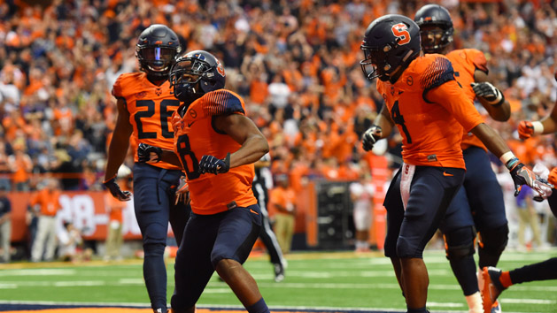 Oct 13, 2017; Syracuse, NY, USA; Syracuse Orange wide receiver Steve Ishmael (8) celebrates his touchdown with against the Clemson Tigers during the third quarter at the Carrier Dome. Photo Credit: Rich Barnes-USA TODAY Sports