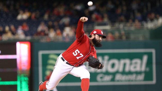 Apr 8, 2018; Washington, DC, USA; Washington Nationals starting pitcher Tanner Roark (57) pitches against the New York Mets in the first inning at Nationals Park. Photo Credit: Geoff Burke-USA TODAY Sports