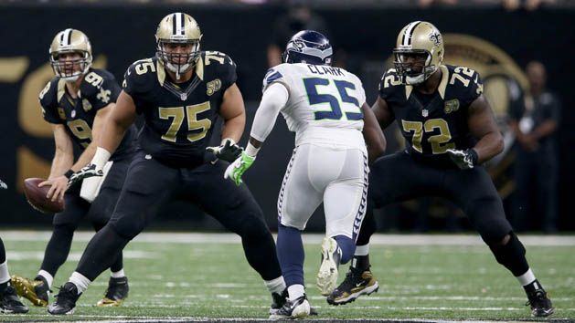 Oct 30, 2016; New Orleans, LA, USA; New Orleans Saints offensive linemen Andrus Peat (75) and Terron Armstead (72) block Seattle Seahawks defensive end Frank Clark (55) in the second half at the Mercedes-Benz Superdome. The Saints won, 25-20. Photo Credit: Chuck Cook-USA TODAY Sports