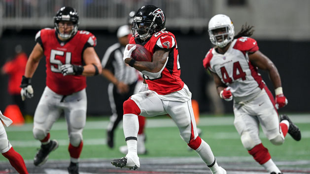 Dec 16, 2018; Atlanta, GA, USA; Atlanta Falcons running back Tevin Coleman (26) runs against the Arizona Cardinals during the second half at Mercedes-Benz Stadium. Photo Credit: Dale Zanine-USA TODAY Sports