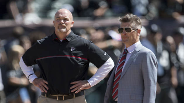 September 18, 2016; Oakland, CA, USA; Atlanta Falcons head coach Dan Quinn (left) and general manager Thomas Dimitroff (right) watch warm ups before the game against the Oakland Raiders at Oakland Coliseum. Photo Credit: Kyle Terada-USA TODAY Sports