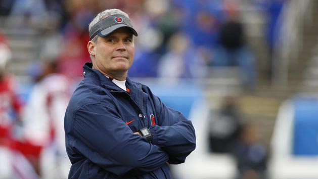 Dec 26, 2014; Dallas, TX, USA; Illinois Fighting Illini head coach Tim Beckman on the field before the game against the Louisiana Tech Bulldogs in the Heart of Dallas Bowl at Cotton Bowl Stadium. Mandatory Credit: Tim Heitman-USA TODAY Sports