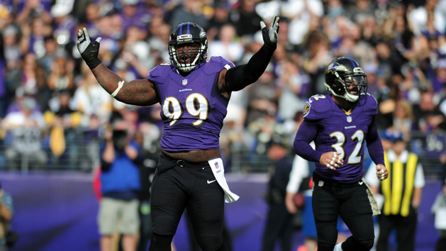 Nov 6, 2016; Baltimore, MD, USA; Baltimore Ravens defensive tackle Timmy Jernigan (99) reacts after a third down stop in the first quarter against the Pittsburgh Steelers at M&T Bank Stadium. Mandatory Credit: Evan Habeeb-USA TODAY Sports