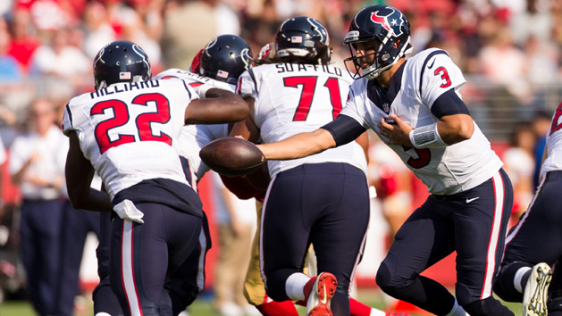 Aug 14, 2016; Santa Clara, CA, USA; Houston Texans quarterback Tom Savage (3) hands off the running back Kenny Hilliard (22) against the San Francisco 49ers in the second quarter at Levi's Stadium. Photo Credit: John Hefti-USA TODAY Sports