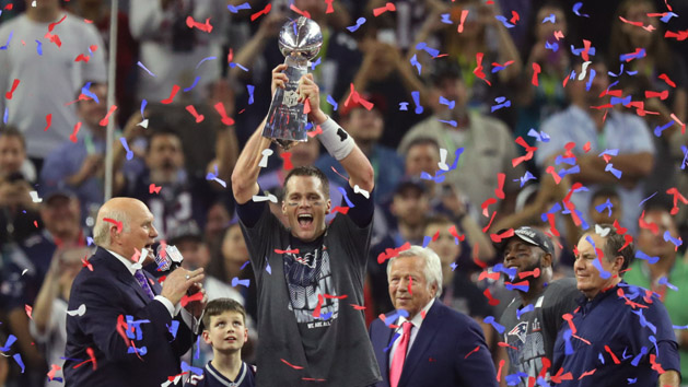 Feb 5, 2017; Houston, TX, USA; New England Patriots quarterback Tom Brady (12) celebrates with the Vince Lombardi Trophy after winning Super Bowl LI against the Atlanta Falcons at NRG Stadium. Photo Credit: Kevin Jairaj-USA TODAY Sports
