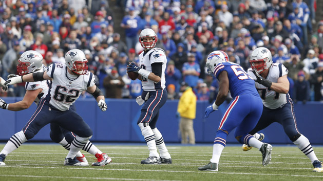 Dec 3, 2017; Orchard Park, NY, USA; New England Patriots quarterback Tom Brady (12) drops back to pass during the first half against the Buffalo Bills at New Era Field. Photo Credit: Timothy T. Ludwig-USA TODAY Sports