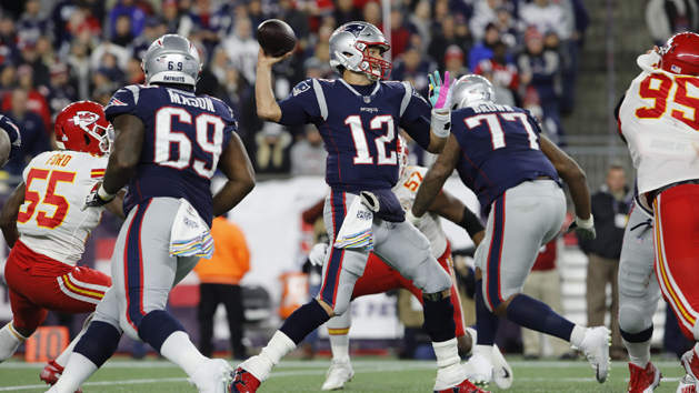 Oct 14, 2018; Foxborough, MA, USA; New England Patriots quarterback Tom Brady (12) throws a pass against the Kansas City Chiefs in the second half at Gillette Stadium. The Patriots defeated Kansas City 43-40. Photo Credit: David Butler II-USA TODAY Sports