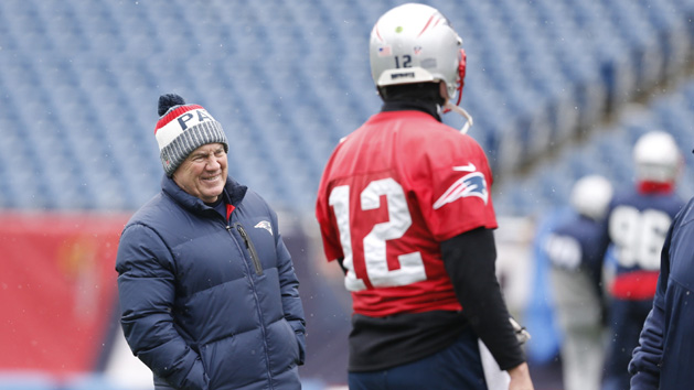 Jan 17, 2018; Foxborough, Massachussetts, USA; New England Patriots head coach Bill Belichick talks with quarterback Tom Brady (12) during practice before the AFC Press Conference at Gillette Stadium. Photo Credit: Greg M. Cooper-USA TODAY Sports