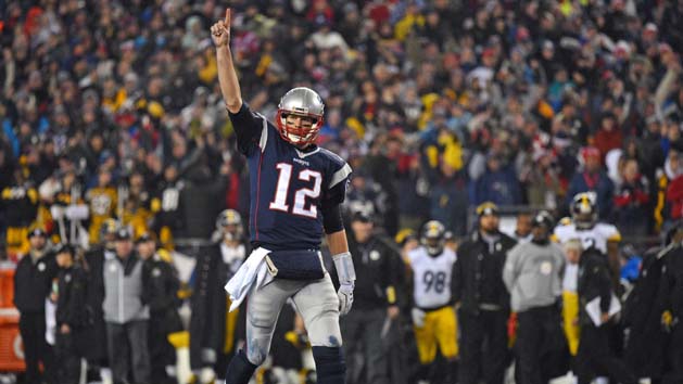 Jan 22, 2017; Foxborough, MA, USA; New England Patriots quarterback Tom Brady (12) celebrates after a touchdown during the third quarter against the Pittsburgh Steelers in the 2017 AFC Championship Game at Gillette Stadium. Photo Credit: James Lang-USA TODAY Sports