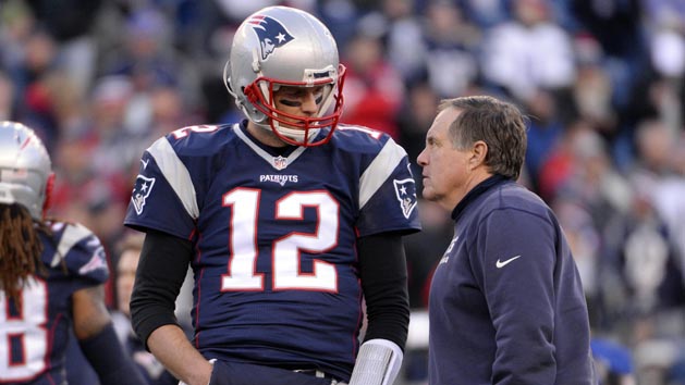 Jan 16, 2016; Foxborough, MA, USA; New England Patriots quarterback Tom Brady (12) talks with New England Patriots head coach Bill Belichick before the game against the Kansas City Chiefs in the AFC Divisional round playoff game at Gillette Stadium. Photo Credit: Robert Deutsch-USA TODAY Sports
