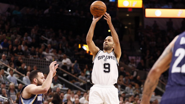 Apr 19, 2016; San Antonio, TX, USA; San Antonio Spurs point guard Tony Parker (9) shoots the ball over Memphis Grizzlies point guard Jordan Farmar (4) in game two of the first round of the NBA Playoffs at AT&T Center. Mandatory Credit: Soobum Im-USA TODAY Sports