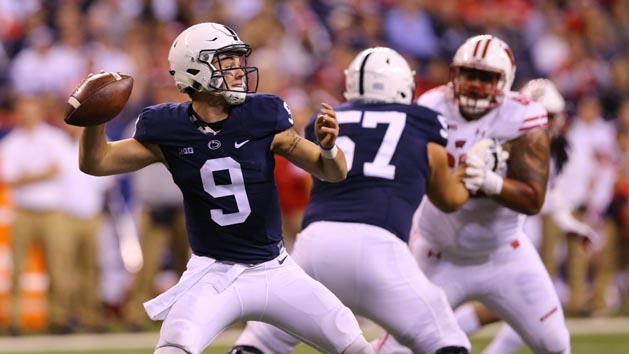 Dec 3, 2016; Indianapolis, IN, USA; Penn State Nittany Lions quarterback Trace McSorley (9) throws a pass against the Wisconsin Badgers in the first half during the Big Ten Championship college football game at Lucas Oil Stadium. Photo Credit: Aaron Doster-USA TODAY Sports