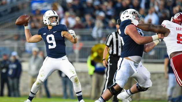 Sep 30, 2017; University Park, PA, USA; Penn State Nittany Lions quarterback Trace McSorley (9) passes the ball against the Indiana Hoosiers during the fourth quarter at Beaver Stadium. Photo Credit: Rich Barnes-USA TODAY Sports