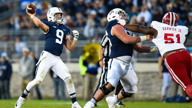 Sep 30, 2017; University Park, PA, USA; Penn State Nittany Lions quarterback Trace McSorley (9) passes the ball against the Indiana Hoosiers during the fourth quarter at Beaver Stadium. Photo Credit: Rich Barnes-USA TODAY Sports
