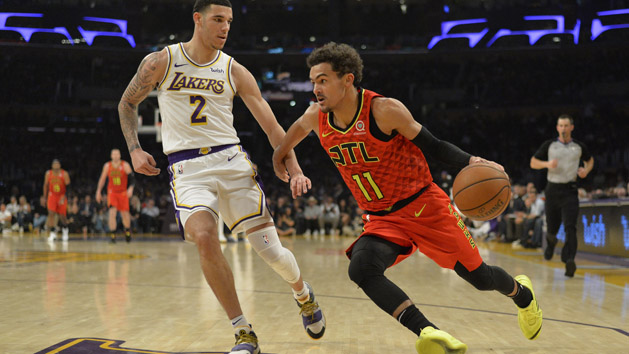Nov 11, 2018; Los Angeles, CA, USA; Atlanta Hawks guard Trae Young (11) is guarded by Los Angeles Lakers guard Lonzo Ball (2) during the first half at Staples Center. Photo Credit: Jake Roth-USA TODAY Sports