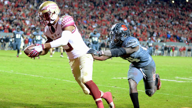 Nov 5, 2016; Raleigh, NC, USA; Florida State Seminoles wide receiver Travis Rudolph (15) scores the winning touchdown against the North Carolina State Wolfpack during the second half at Carter Finley Stadium. Florida State won 24-20. Photo Credit: Rob Kinnan-USA TODAY Sports