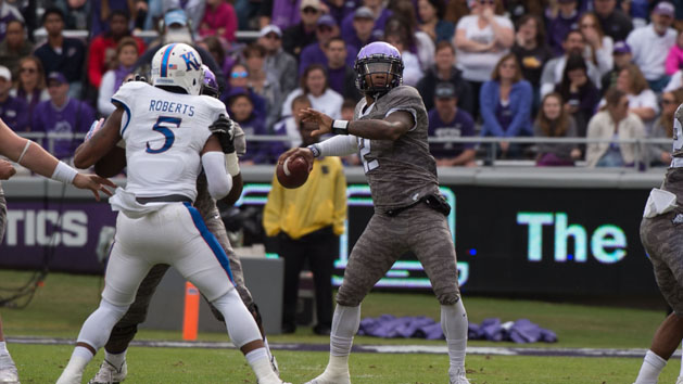 Nov 14, 2015; Fort Worth, TX, USA; TCU Horned Frogs quarterback Trevone Boykin (2) drops back to pass against the Kansas Jayhawks during the first half at Amon G. Carter Stadium. The Horned Frogs defeats the Jayhawks 23-17. Mandatory Credit: Jerome Miron-USA TODAY Sports