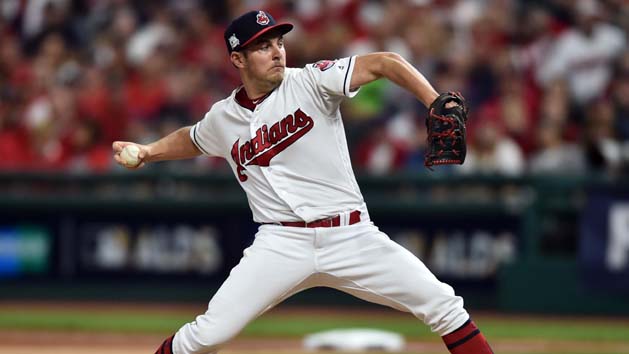 Oct 5, 2017; Cleveland, OH, USA; Cleveland Indians starting pitcher Trevor Bauer (47) pitches during the first inning against the New York Yankees in game one of the 2017 ALDS at Progressive Field. Photo Credit: Ken Blaze-USA TODAY Sports