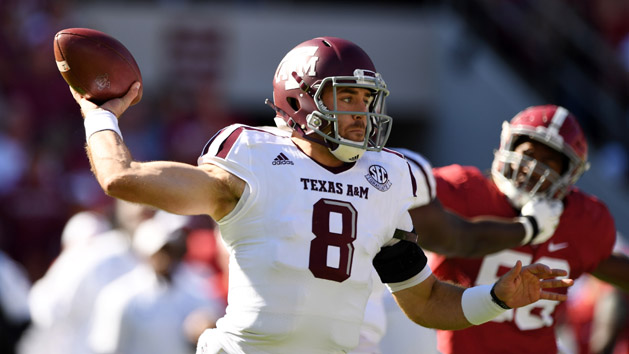 Oct 22, 2016; Tuscaloosa, AL, USA; Texas A&M Aggies quarterback Trevor Knight (8) passing against the Alabama Crimson Tide during the first quarter at Bryant-Denny Stadium. Photo Credit: John David Mercer-USA TODAY Sports