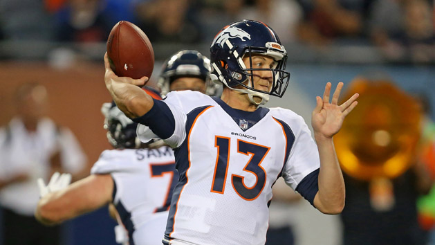 Aug 10, 2017; Chicago, IL, USA; Denver Broncos quarterback Trevor Siemian (13) passes during the second quarter against the Chicago Bears at Soldier Field. Photo Credit: Dennis Wierzbicki-USA TODAY Sports