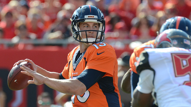 Oct 2, 2016; Tampa, FL, USA; Denver Broncos quarterback Trevor Siemian (13) drops back to pass in the first half against the Tampa Bay Buccaneers at Raymond James Stadium. Photo Credit: Jonathan Dyer-USA TODAY Sports