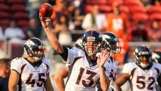 Aug 19, 2017; Santa Clara, CA, USA; Denver Broncos quarterback Trevor Siemian (13) throws a pass during warm ups before a game against the San Francisco 49ers at Levi's Stadium. Mandatory Credit: Sergio Estrada-USA TODAY Sports