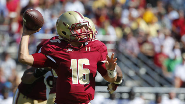 Sep 26, 2015; Boston, MA, USA; Boston College quarterback Troy Flutie (16) throws against the Northern Illinois during the first half at Alumni Stadium. Mandatory Credit: Winslow Townson-USA TODAY Sports