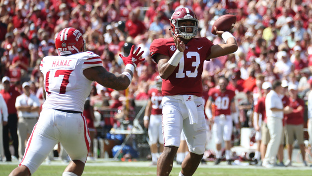 Sep 29, 2018; Tuscaloosa, AL, USA; Alabama Crimson Tide quarterback Tua Tagovailoa (13) looks to pass against the Louisiana-Lafayette Ragin Cajuns at Bryant-Denny Stadium. Photo Credit: Marvin Gentry-USA TODAY Sports