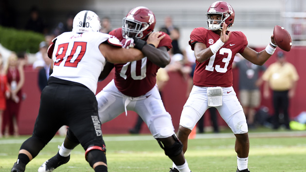 Sep 8, 2018; Tuscaloosa, AL, USA; Alabama Crimson Tide quarterback Tua Tagovailoa (13) drops back to pass against the Arkansas State Red Wolves during the third quarter at Bryant-Denny Stadium. Photo Credit: John David Mercer-USA TODAY Sports
