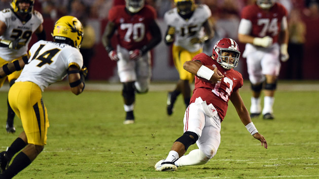 Oct 13, 2018; Tuscaloosa, AL, USA; Alabama Crimson Tide quarterback Tua Tagovailoa (13) scrambles up the field against the Missouri Tigers during the third quarter at Bryant-Denny Stadium. Photo Credit: John David Mercer-USA TODAY Sports