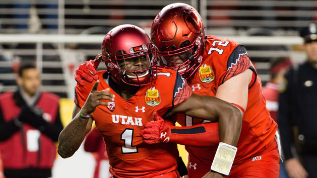 Dec 28, 2016; Santa Clara, CA, USA; Utah Utes quarterback Tyler Huntley (1) celebrates with offensive lineman Garett Bolles (72) after a touchdown against the Indiana Hoosiers during the second quarter at Levi's Stadium. Photo Credit: Kelley L Cox-USA TODAY Sports