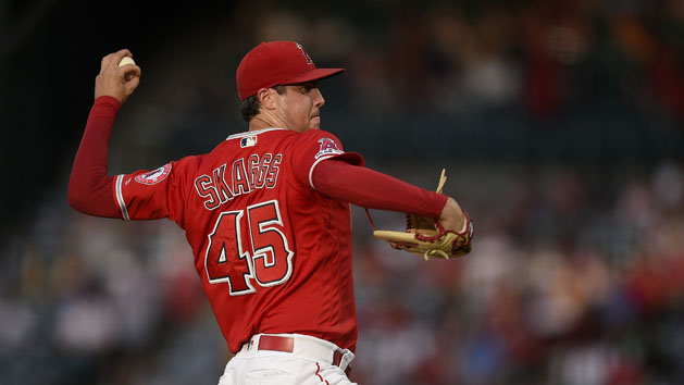 Jun 29, 2019; Anaheim, CA, USA; Los Angeles Angels starting pitcher Tyler Skaggs (45) pitches during the first inning against the Oakland Athletics at Angel Stadium of Anaheim. Photo Credit: Kelvin Kuo-USA TODAY Sports