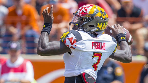 Sep 2, 2017; Austin, TX, USA; Maryland Terrapins quarterback Tyrrell Pigrome (3) throws a pass against the Texas Longhorns at Darrell K Royal-Texas Memorial Stadium. Photo Credit: John Gutierrez-USA TODAY Sports