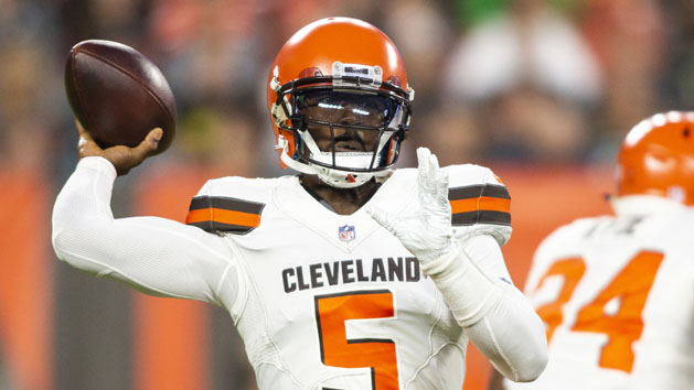 Aug 23, 2018; Cleveland, OH, USA; Cleveland Browns quarterback Tyrod Taylor (5) completes a pass during the first quarter against the Philadelphia Eagles at FirstEnergy Stadium. Photo Credit: Scott R. Galvin-USA TODAY Sports