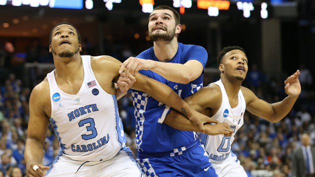 Mar 26, 2017; Memphis, TN, USA; North Carolina Tar Heels forward Kennedy Meeks (3) and guard Nate Britt (0) box out against Kentucky Wildcats forward Isaac Humphries (15) in the first half during the finals of the South Regional of the 2017 NCAA Tournament at FedExForum. Photo Credit: Nelson Chenault-USA TODAY Sports
