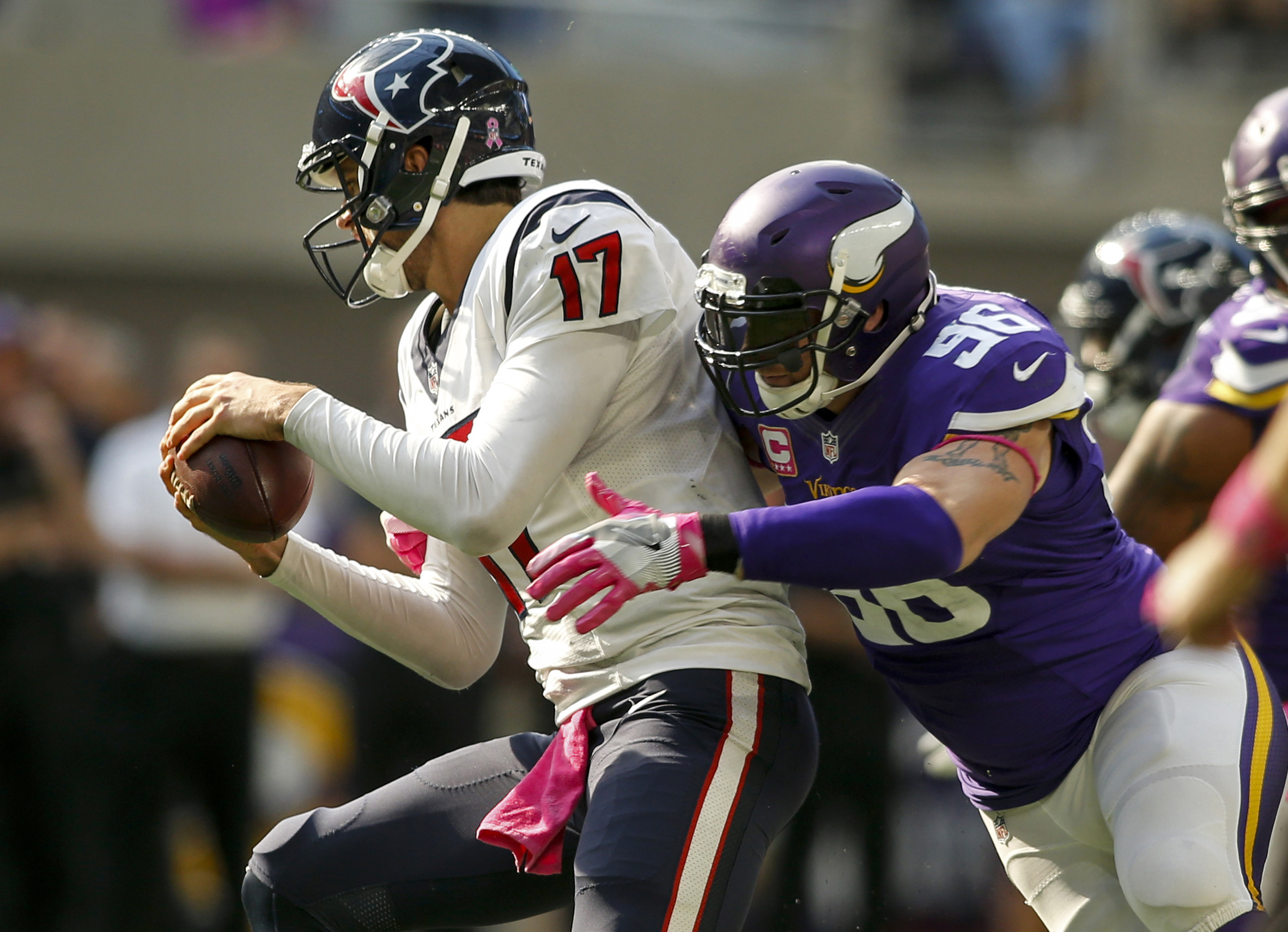 Oct 9, 2016; Minneapolis, MN, USA; Minnesota Vikings defensive end Brian Robison (96) sacks Houston Texans quarterback Brock Osweiler (17) in the fourth quarter at U.S. Bank Stadium. The Vikings win 31-13. Mandatory Credit: Bruce Kluckhohn-USA TODAY Sports
