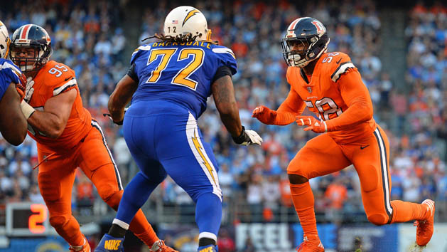 Oct 13, 2016; San Diego, CA, USA; Denver Broncos outside linebacker Von Miller (58) works against San Diego Chargers tackle Joe Barksdale (72) during the first quarter at Qualcomm Stadium. Photo Credit: Jake Roth-USA TODAY Sports