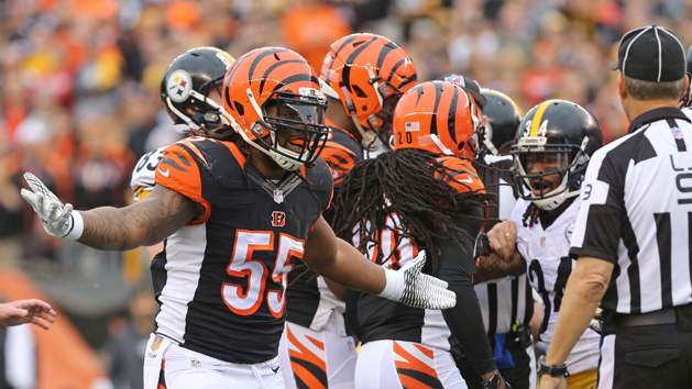 Dec 13, 2015; Cincinnati, OH, USA; Cincinnati Bengals outside linebacker Vontaze Burfict (55) reacts to an official after a play against the Pittsburgh Steelers in the first half at Paul Brown Stadium. The Steelers won 33-20. Mandatory Credit: Aaron Doster-USA TODAY Sports