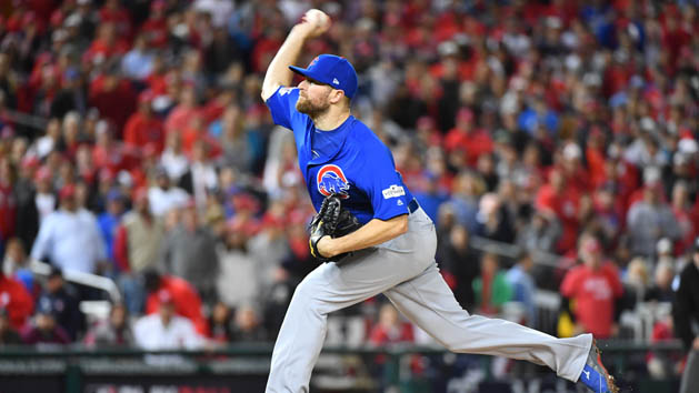 Oct 12, 2017; Washington, DC, USA; Chicago Cubs relief pitcher Wade Davis (71) pitches in the eighth inning against the Washington Nationals during game five of the 2017 NLDS playoff baseball series at Nationals Park. Photo Credit: Brad Mills-USA TODAY Sports
